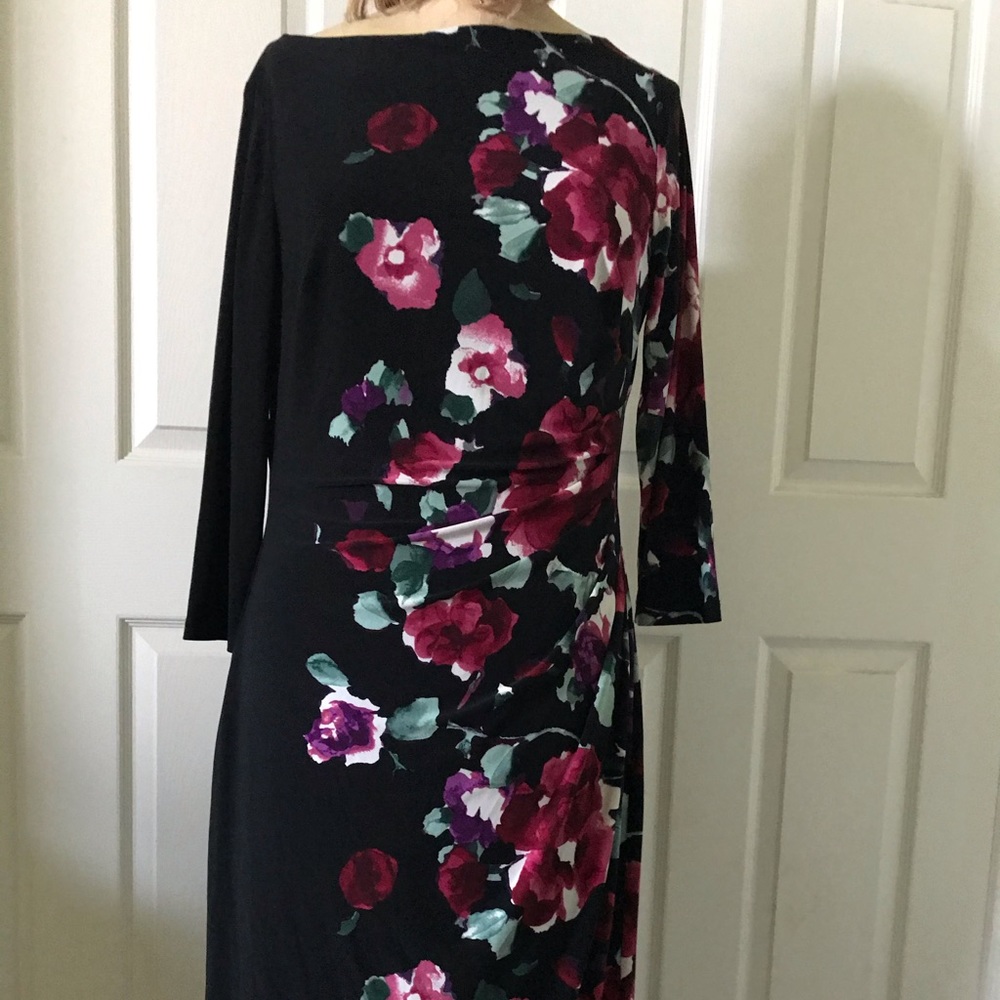 Black Floral Midi Dress with Pink & Purple Blooms